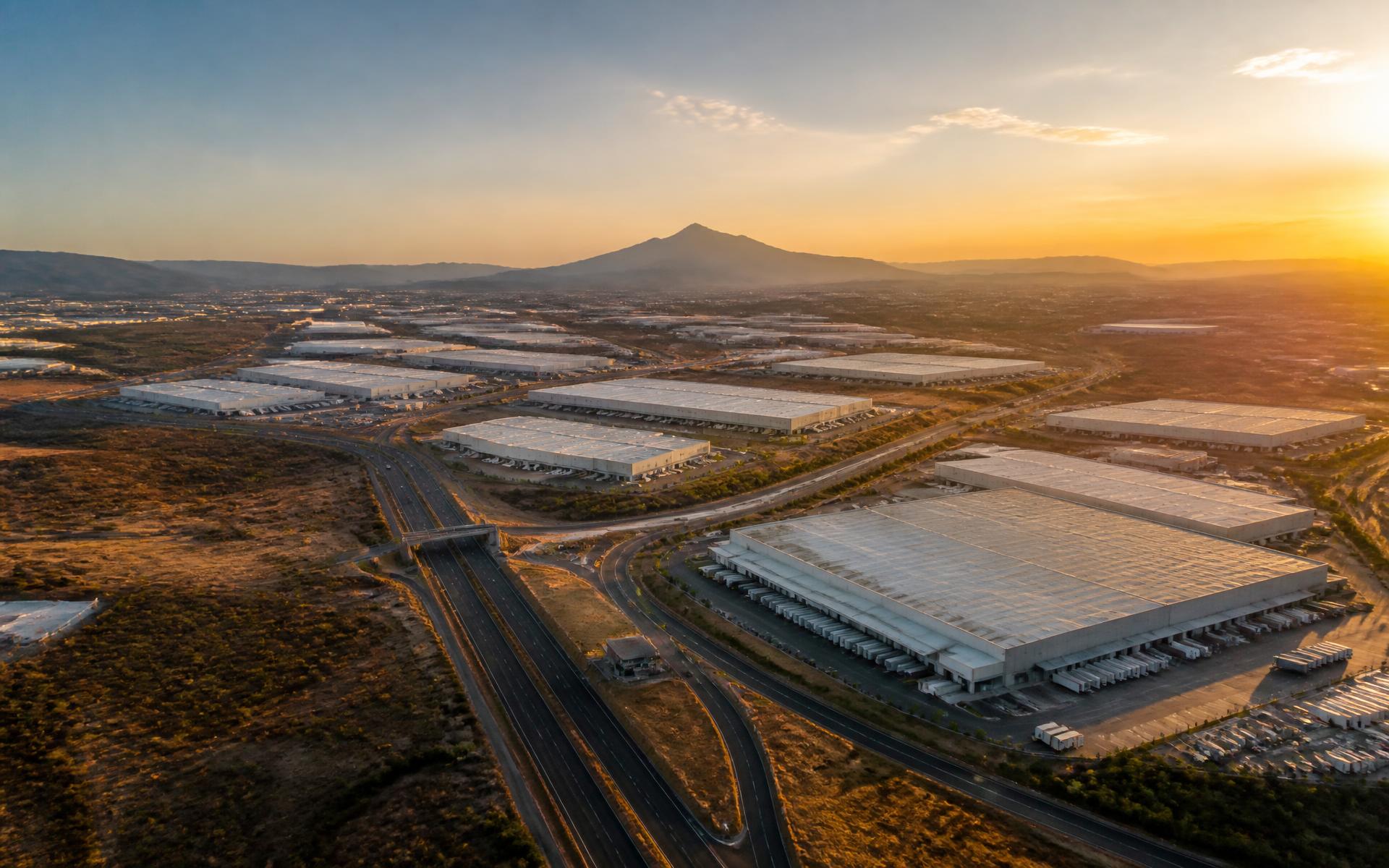 Vista aérea de un parque industrial y logístico en Querétaro, Bajío, México